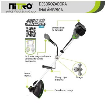 NIT-DB203 DESBROZADORA C/MOTOR ABAJO INALÁMBRICA 450W, MANGO “BICI” , BRUSHLESS, 2 BATERÍAS 20V