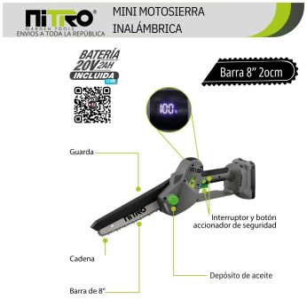 NIT-MSB101 MOTOSIERRA INALÁMBRICA 420W, BRUSHLESS, BARRA DE 8″, 1 BATERÍA 20V